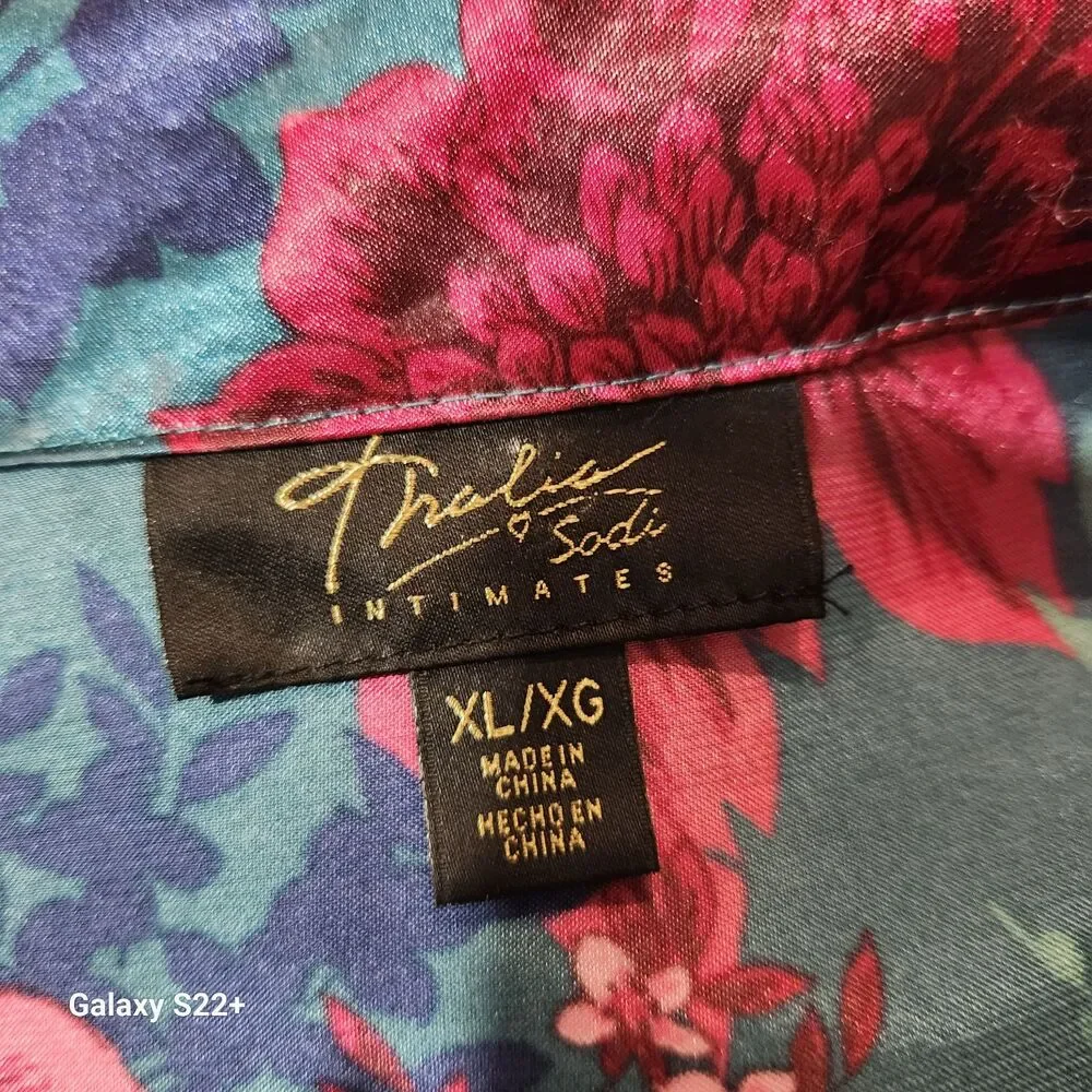 Thalia Sodi Floral Satin‎ Pajama Set Teal Pink Lounge XL 2PC